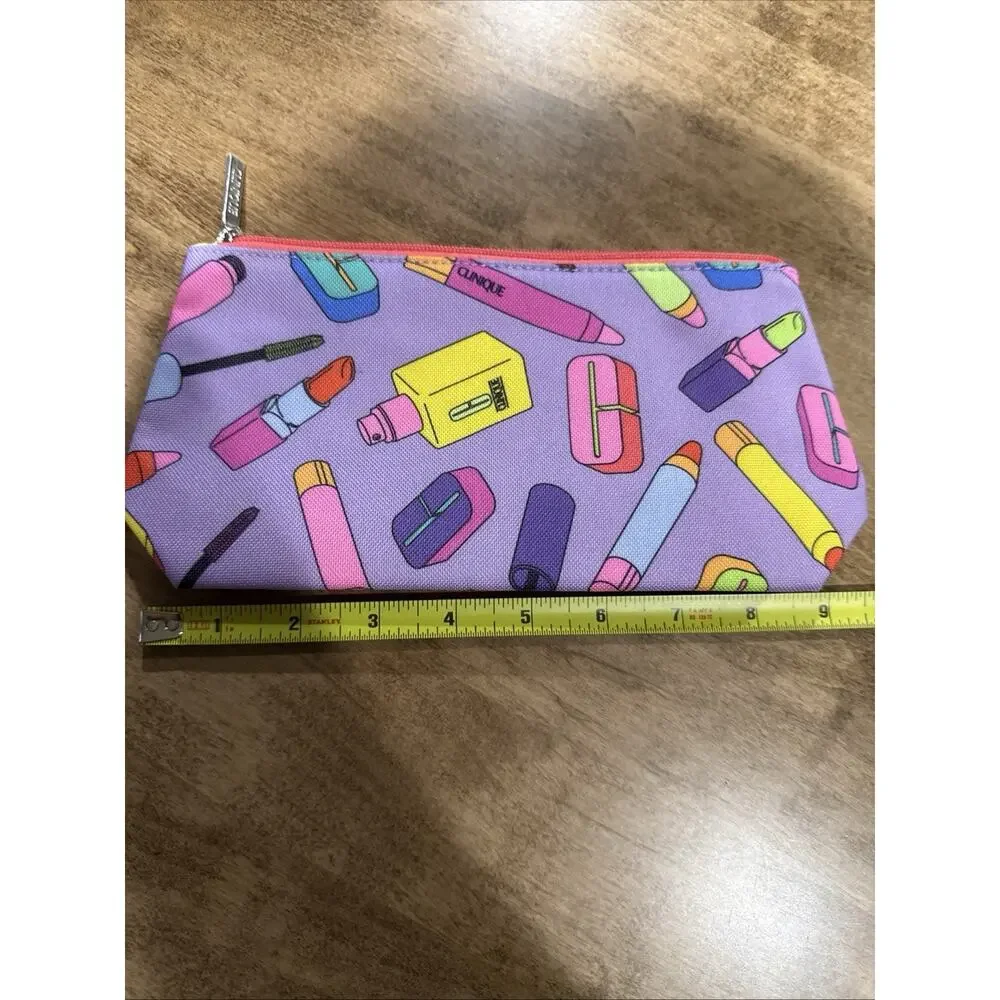CLINIQUE COSMETIC MAKEUP BAGPRINT PURPLE~CORAL~MULTITRAVEL~PENCIL CASE CLUTCH